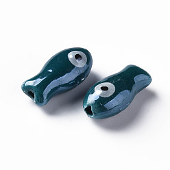 Teal Handmade Porcelain Beads, Famille Rose Style, Fish, Teal, 19.5x10x8mm, Hole: 2mm