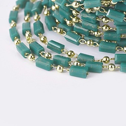 Sea Green Handmade Glass Beaded Chains, Soldered, with Brass Findings, with Spool, Long-Lasting Plated, Real 18K Gold Plated, Cuboid, Sea Green, 4.5x2.5~3x2.5~3mm, 2mm, about 32.8 Feet(10m)/roll
