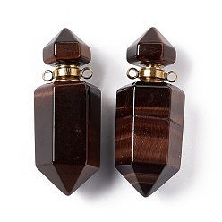 Tiger Eye Faceted Bullet Natural Dyed Red Tiger Eye Perfume Bottle Pendants, Essentail Oil Diffuser Charm, with Golden Tone Metal Findings, for Jewelry Making, 42~45x16~17x16~17mm, Hole: 2mm