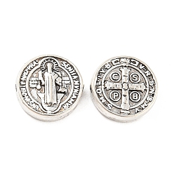 Antique Silver Tibetan Style Alloy Beads, Cadmium Free & Lead Free, Flat Round with Cssml Ndsmd Cross God Father Religious Christianity, Antique Silver, 10x3mm, Hole: 1mm, about 952pcs/1000g