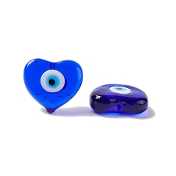 Azul Hechos a mano de los granos del lampwork del ojo malvado, medio-perforado, corazón, azul, 16~16.5x17.5~18x5.5~6 mm, agujero: 1 mm