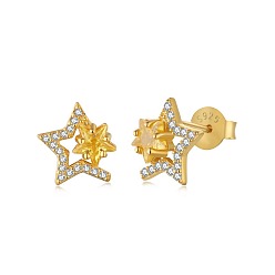 Real 18K Gold Plated Star 925 Sterling Silver Micro Pave Cubic Zirconia Ear Studs for Women, with S925 Stamp, Real 18K Gold Plated, 9.5x9.5mm