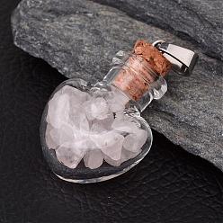 Quartz Rose Coeur bouteille en verre avec quartz rose à l'intérieur de pendentifs, avec 304 accessoires en acier inoxydable, 31x22x11mm, Trou: 7x4mm