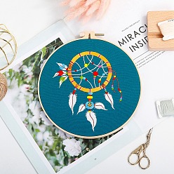 Teal DIY Woven Net/Web with Feather Pattern Embroidery Kit, Including Imitation Bamboo Frame, Iron Pins, Cloth, Colorful Threads, Teal, 213x201x9.5mm, Inner Diameter: 183mm