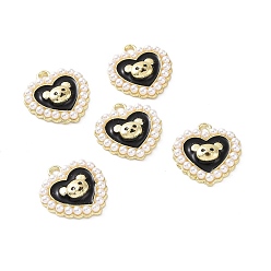 Black Alloy Enamel Pendants, with ABS Plastic Imitation Pearl, Cadmium Free & Lead Free, Light Gold, Heart with Bear, Black, 17x16x4mm, Hole: 1.6mm