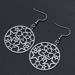 Stainless Steel Color 201 Stainless Steel Dangle Earrings, Ring with Star, Stainless Steel Color, 54mm, Pin: 0.6mm