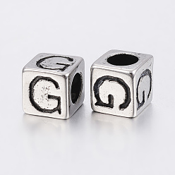 Antique Silver 304 Stainless Steel Large Hole Letter European Beads, Cube with Letter.G, Antique Silver, 8x8x8mm, Hole: 5mm