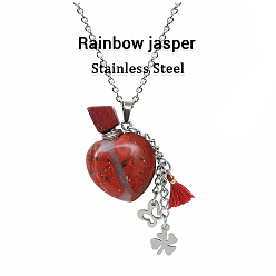 Jaspe Rouge Collier pendentif bouteille de parfum en forme de larme de jaspe rouge naturel avec fleur de papillon en acier inoxydable et breloques de gland de couleur aléatoire, bijoux de fiole d'huile essentielle pour les femmes, 18.11 pouce (46 cm)