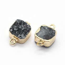 Noir Connecteurs de liens de quartz druzy naturel, avec les accessoires en laiton, carrée, or, noir, 14~18x9~10x6~8mm, Trou: 2mm