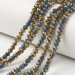 Royal Blue Electroplate Opaque Glass Beads Strands, Half Golden Plated, Faceted, Rondelle, Royal Blue, 8x6mm, Hole: 1mm, about 65~68pcs/strand, 15.7~16.1 inch(40~41cm)