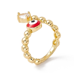 Red Clear Cubic Zirconia Teardrop & Enamel Evil Eye Open Cuff Ring, Real 18K Gold Plated Brass Jewelry for Women, Lead Free & Cadmium Free, Red, US Size 5 1/4(15.9mm)