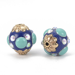 Bleu Perles Indonésiennes manuelles, avec les accessoires en alliage et résines, ronde, or, bleu, 15~16x14~15x14~15mm, Trou: 1.5mm