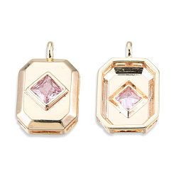 Pink Brass Pave Cubic Zirconia Pendants, Cadmium Free & Nickel Free & Lead Free, Real 18K Gold Plated, Octagon, Pink, 16x10x4mm, Hole: 1.4mm