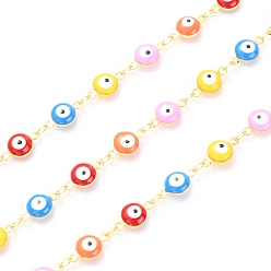 Colorful Golden Brass Enamel Link Chain, Long-Lasting Plated, with Spool, Soldered, Evil Eye, Colorful, 12x7x4mm, 32.8 Feet(10m)/roll