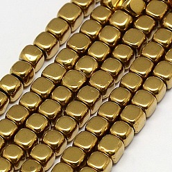 Plateado en Oro Electroplate no magnéticas de hematita sintética hebras de cuentas, cubo, Grado A, oro chapado, 2x2x2 mm, agujero: 0.6 mm, sobre 200 unidades / cadena, 16 pulgada