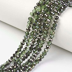Olive Drab Electroplate Transparent Glass Beads Strands, Half Black Plated, Faceted, Rondelle, Olive Drab, 4x3mm, Hole: 0.4mm, about 123~127pcs/strand, 16.5~16.9 inch(42~43cm)
