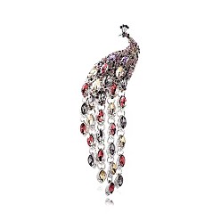 Colorful Ethnic Style Peacock Long Tassel Pins, Alloy Rhinestone Brooch for Women's Sweaters Coats Suits, Colorful, 140x35mm