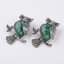 Malachite Natural Malachite Pendants, with Alloy Finding, Owl, Antique Silver, 46.5x35.5x11.5mm, Hole: 6x8.5mm