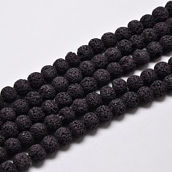 Noir Brins de perles rondes en pierre de lave naturelle, teint, noir, 6mm, Trou: 1mm, Environ 63 pcs/chapelet, 15.7 pouce