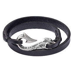 Black Two Loops Genuine Cowhide Leather Warp Bracelets, with Alloy Findings,  Antique Silver, Black, 16.5 inch(42cm), 9mm