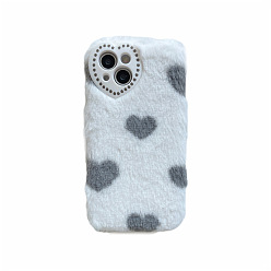 Gray Warm Plush Mobile Phone Case for Women Girls, Winter Heart Shape Camera Protective Covers for iPhone13 Pro, Gray, 14.67x7.15x0.765cm