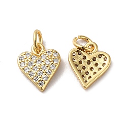 Real 18K Gold Plated Rack Plating Brass Micro Pave Clear Cubic Zirconia Charms, with Jump Ring, Long-Lasting Plated, Lead Free & Cadmium Free, Heart Charm, Real 18K Gold Plated, 11.5x9.5x2mm, Hole: 3mm