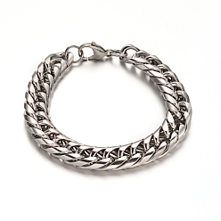 Stainless Steel Color 304 Stainless Steel Curb Chain Bracelets, with Lobster Claw Clasps, Stainless Steel Color, 8-5/8 inch(220mm), 13x4mm