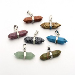 Mixed Stone Natural & Synthetic Gemstone Double Terminated Pointed Pendants, with Platinum Plated Brass Findings, Bullet, 15.5x30~35x8~9mm, Hole: 5x7.5mm