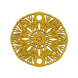 Amarilla Oscura 430 colgantes de conector de acero inoxidable, adornos de metal grabados, redondo plano con enlaces de flores, vara de oro oscuro, 18.5x0.5 mm, agujero: 1.8 mm