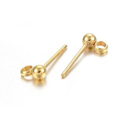 Real 24K Gold Plated 304 Stainless Steel Ball Stud Earring Findings, with Loop, Round, Real 24k Gold Plated, 14x5x3mm, Hole: 1.5mm, Pin: 0.8mm