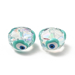 Aquamarine Transparent Glass Beads, with Enamel, Faceted, Rondelle with Evil Eye Pattern, Aquamarine, 10x7.5mm, Hole: 1.5mm
