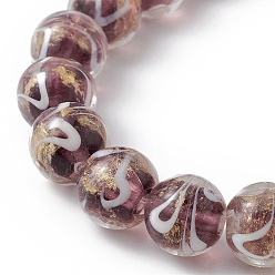 Rose Vieux Brins de perles au chalumeau de sable d'or faites à la main, ronde, vieux rose, 11.5~12mm, Trou: 1.2~2mm, Environ 30 pcs/chapelet, 33~34 cm