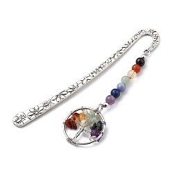 Colorful Tibetan Style Carved Alloy Bookmark, Daily Supplies, with Natural/Synthetic Mixed Stone Pendants, Brass Crimp Beads Covers and Natural Green Aventurine, Lapis Lazuli, Citrine, Garnet, Imitation Aquamarine Quartz, Red Agate, Amethyst Beads, Flat Round with Tree of Life, Colorful, 122mm