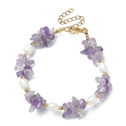 Amethyst Natural Amethyst Chips & Pearl Beaded Bracelet, with 304 Stainless Steel Clasps, 7-1/4 inch(18.3cm)
