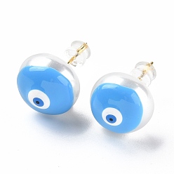 Alice Blue Natural Shell Evil Eye Stud Earrings with Enamel, Real 18K Gold Plated Brass Jewelry for Women, Alice Blue, 14mm, Pin: 0.8mm