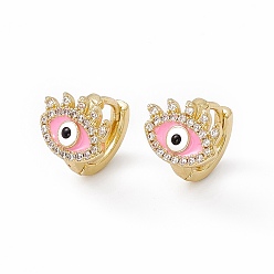 Pink Clear Cubic Zirconia Evil Eye Hoop Earrings with Enamel, Real 18K Gold Plated Brass Jewelry for Women, Lead Free & Cadmium Free, Pink, 11x13x12mm, Pin: 1mm