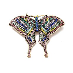 Or Antique Épinglette papillon strass coloré, broche en alliage pour femme, Or antique, 54x68x3mm, pin: 0.9 mm