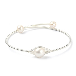 Argent Bracelet manchette en perles naturelles, bracelet en fil à ressort en acier, argenterie, diamètre intérieur: 2-1/4 pouce (5.8 cm)