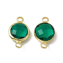 Emerald Transparent K9 Glass Connector Charms, with Light Gold Plated Brass Findings, Faceted, Flat Round Links, Emerald, 17.5x10.5x4.5mm, Hole: 2mm