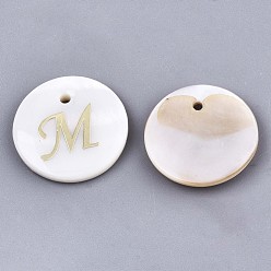 Letter M Natural Freshwater Shell Pendants, with Golden Plated Brass Etched Metal Embellishments, Flat Round with Letter, Letter.M, 15x2mm, Hole: 1.2mm