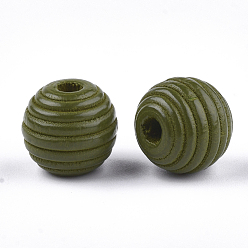 Olive Painted Natural Wood Beehive Beads, Round, Olive, 12x11mm, Hole: 3mm