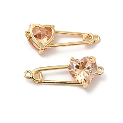 PeachPuff Heart Shaped Glass Connector Charms, Real 18K Gold Plated Brass Safety Pin Links, PeachPuff, 11x28.5x5.8mm, Hole: 1.4mm