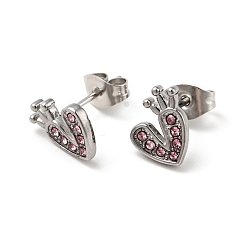 Rose Heart with Crown 304 Stainless Steel Rhinestone Stud Earrings, 316 Surgical Stainless Steel Pin Ear Studs, with Ear Nuts, Stainless Steel Color, Rose, 9x7.5mm, Pin: 0.7mm