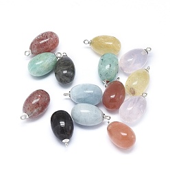 Mixed Stone Natural Mixed Gemstone Pendants, with 925 Sterling Silver Findings, Oval, Platinum, 16.5~18x9~9.5mm, Hole: 1.2mm