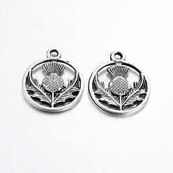 Antique Silver Tibetan Style Alloy Flat Round with Flower Scotland Thistle Pendants, Cadmium Free & Nickel Free & Lead Free, Antique Silver, 19x16x1mm, Hole: 2mm, about 930pcs/1000g
