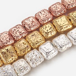 Mixed Color Electroplated Natural Lava Rock Beads Strands, Long-Lasting Plated, Square, Mixed Color, 11.5~12x12~12.5x5.5~6mm, Hole: 1.5mm, about 32pcs/strand, 15.43 inch(39.2cm)
