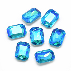 Deep Sky Blue Pointed Back Glass Rhinestone Cabochons, Back Plated, Faceted, AB Color Plated, Rectangle Octagon, Deep Sky Blue, 14x10x4.5mm