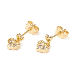 Clear Cubic Zirconia Heart Dangle Stud Earrings, Real 18K Gold Plated Brass Drop Earrings for Women, Cadmium Free & Lead Free, Clear, 10x4mm, Pin: 0.8mm