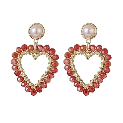 Doré  Boucles d'oreilles pendantes en perles de verre enveloppées, boucle d'oreille perle imitation plastique ABS coeur laiton pour femme, or, 41.5mm, pin: 0.9 mm