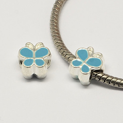 Sky Blue Alloy Enamel Butterfly Large Hole European Beads, Silver Color Plated, Sky Blue, 10x10x7mm, Hole: 4.5mm